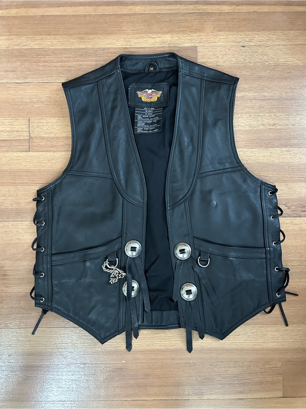 Harley Davidson Leather Vest Men's Medium Black Concho Metal Buttons Laced Sides